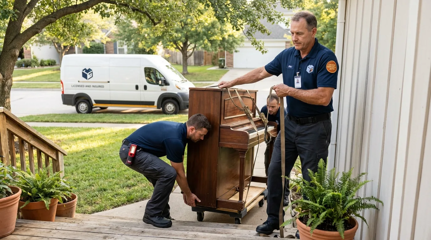 Licensed piano movers securing grand piano in Moyock, NC