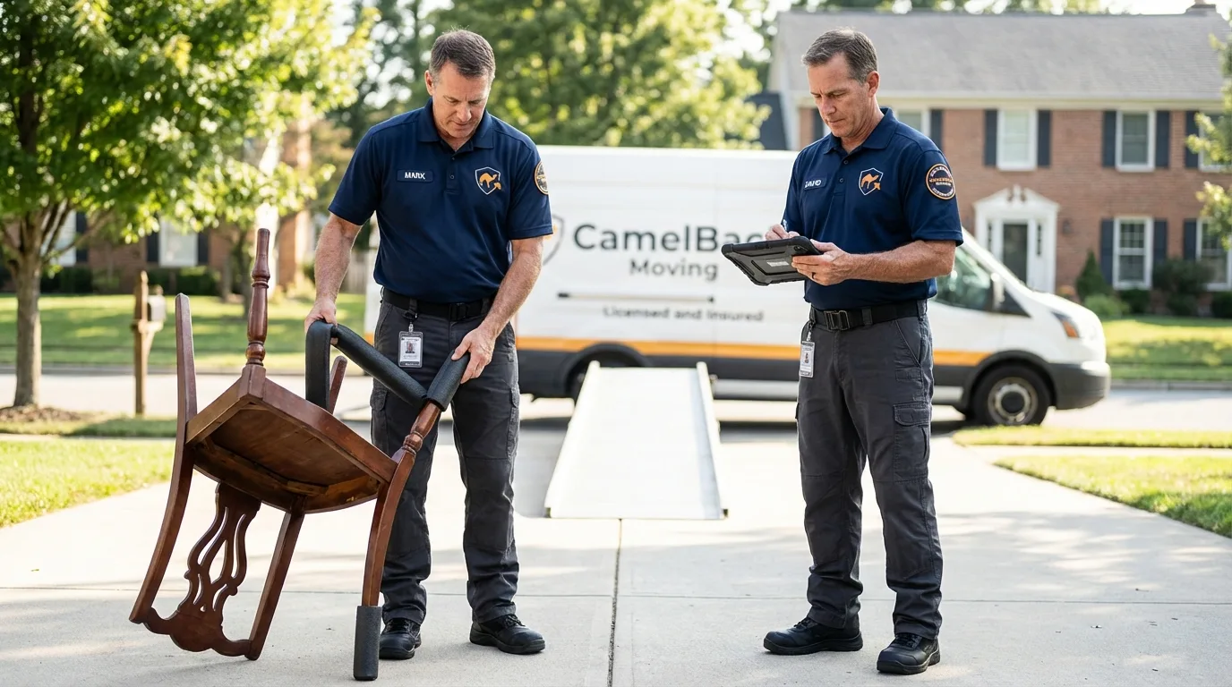 Movers inspecting furniture for damage prevention before loading in Moyock, NC