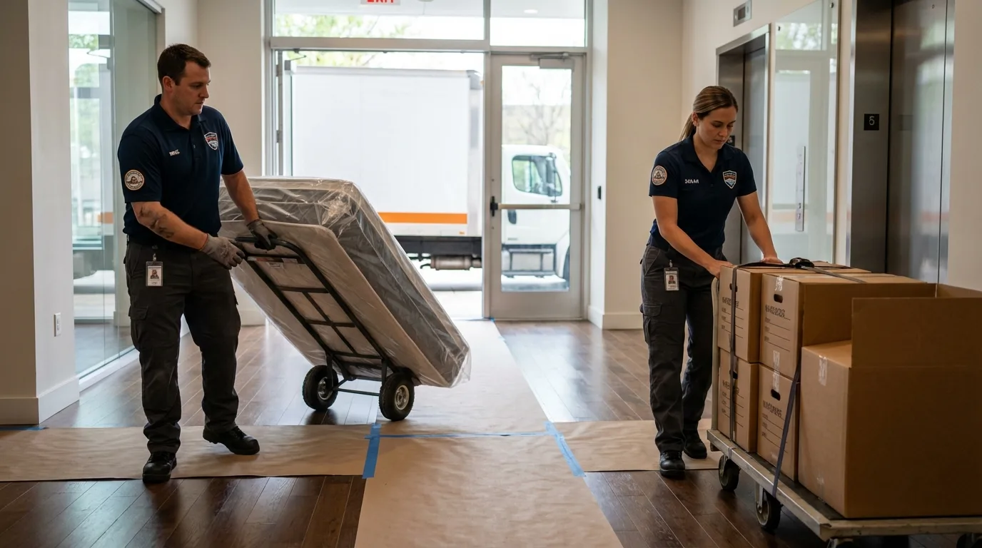 Professional apartment movers loading elevator in Moyock, NC